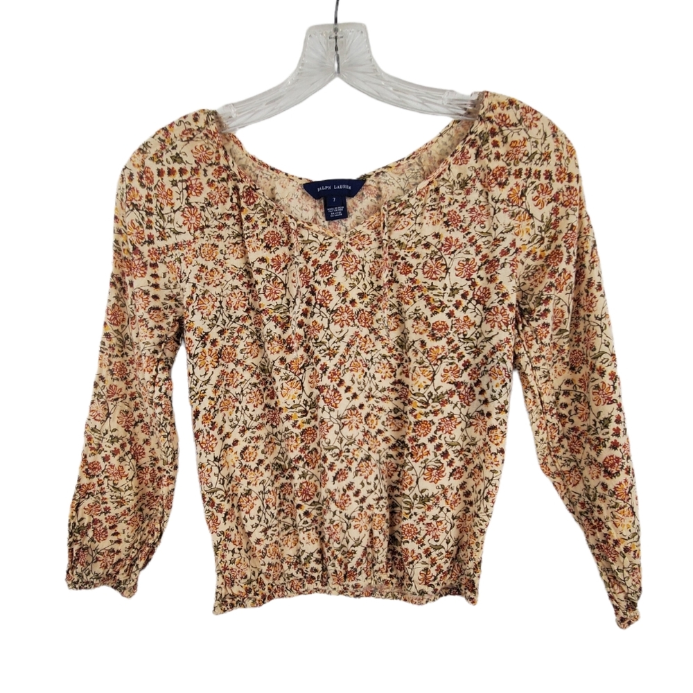 RALPH LAUREN Girls Peasant Top Long Sleeve Cotton Sz 7 Tan Earth Tone Print